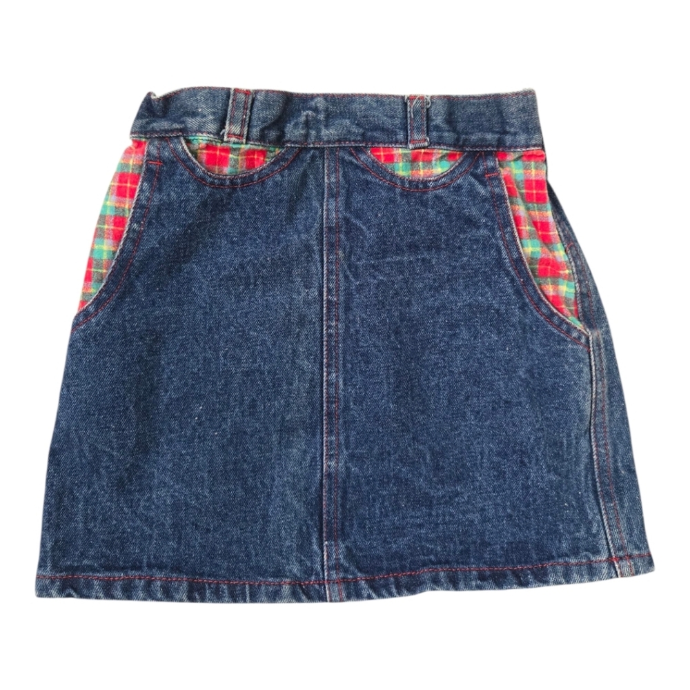 Vintage 1990s Y2K McKids Denim Mini Skirt Red Plaid Accents